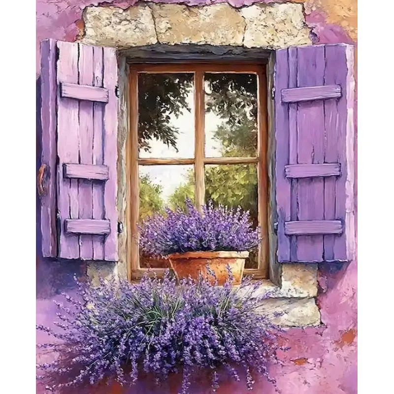 Набор для раскрашивания по номерам CHENISTORY «Лаванда и водопад»: Декор для дома, картина по номерам, фиолетовые оконные жалюзи, ручная роспись, художественный подарок