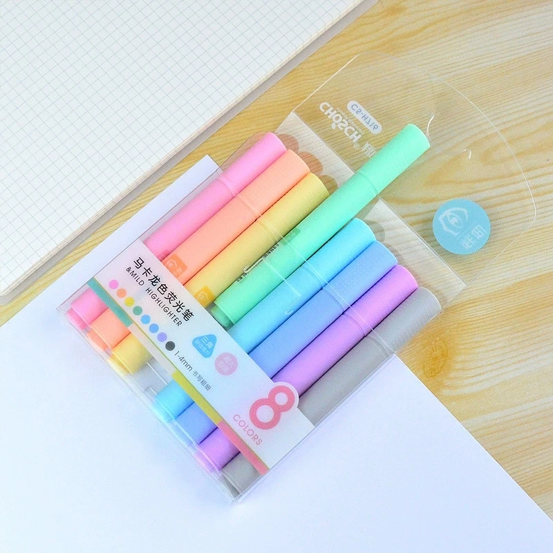 8 Macaron color highlighter pens with slanted head design, eye protection color marker highlighter pens, learning diary supplies