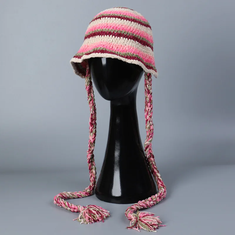 Handmade Hook Autumn Winter New Chenille Fringed Bucket Hat Women's Fashion Striped Handwoven Knitted Bucket Hat Trendy Winter