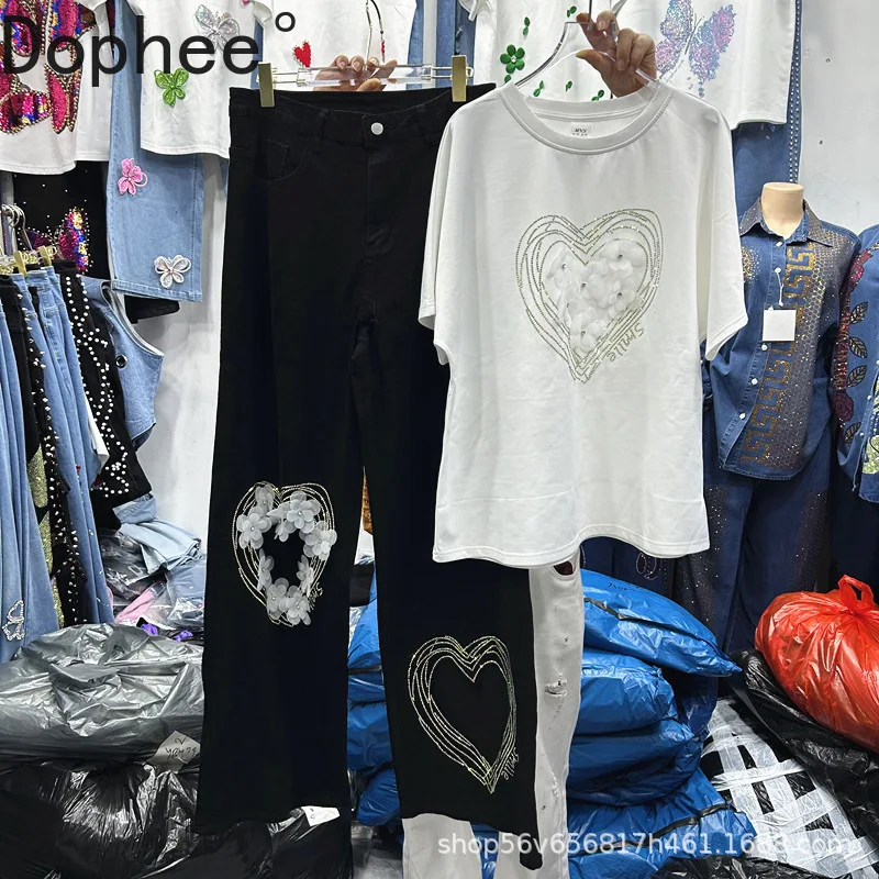 

High Street Female Two-piece Set Spring Summer Hot Drilling Flowers Loose Short Sleeve T-shirt Top + Hole Denim Long Trousers