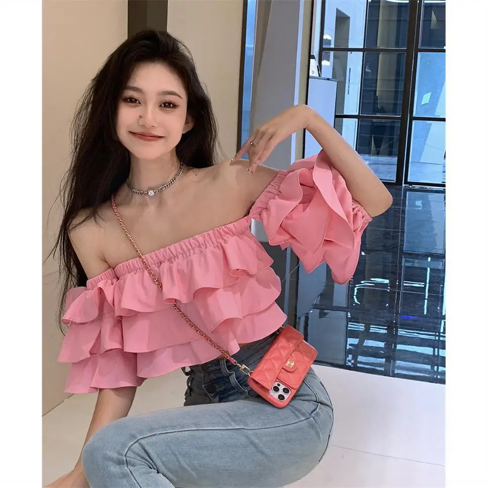 Korean Off Shoulder Chiffon Blouse Pink White