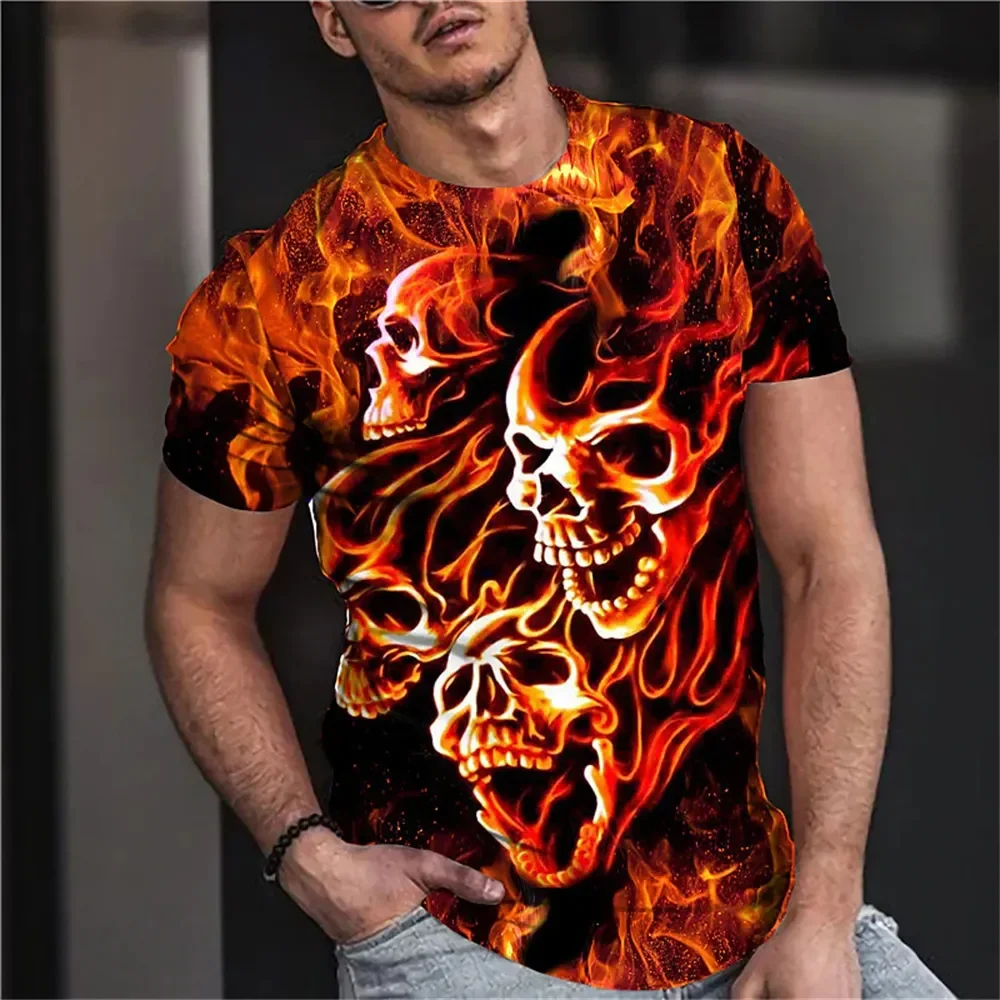 Cool Skull Print T-shirt Men's Trend 3D Pattern Short Sleeve Personalized Horror Style Street Apparel Large Men's Round Neck Top