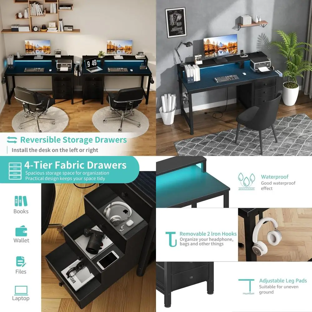 Gaming Desk with LED Lights and Power Outlets, 47 inch Computer Desk with Fabric Drawers, Reversible Home Office Desk with Monit