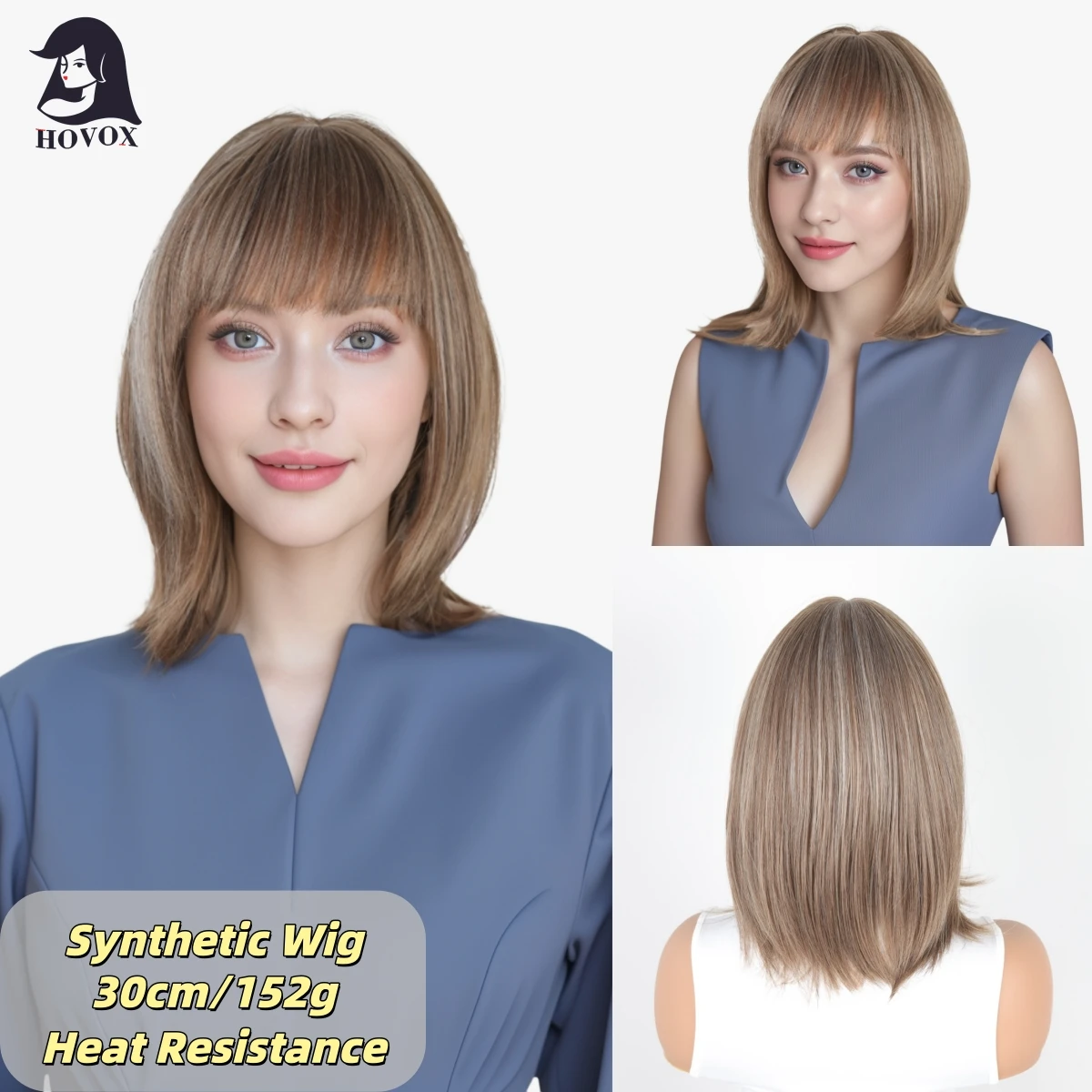 HOVOX Women's Synthetic Wig Brown Short Straight Bob Playful European and American Women's Daily Heat Resistant Wig