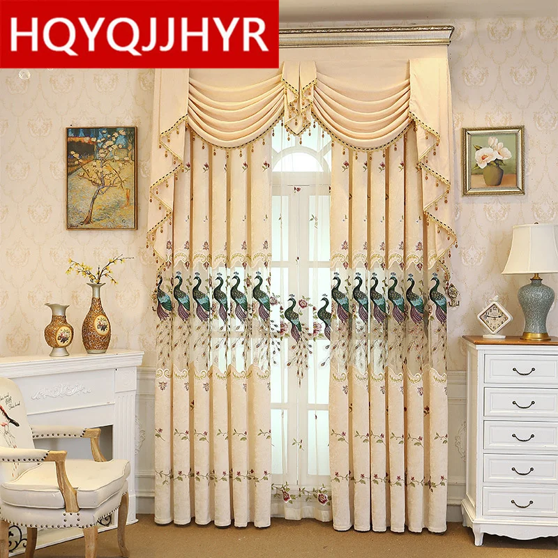 

Beige European Peacock Embroidered Cashmere Living Room Decorative Curtains High Quality Custom Bedroom Kitchen Hotel Curtains