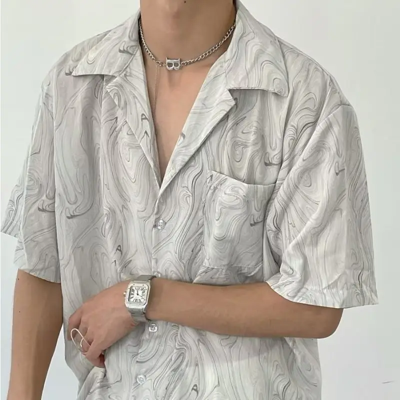 Ice Silk Drape Wavy Short-sleeved Style Retro Flower Shirt Men's Summer Loose Casual Shirt