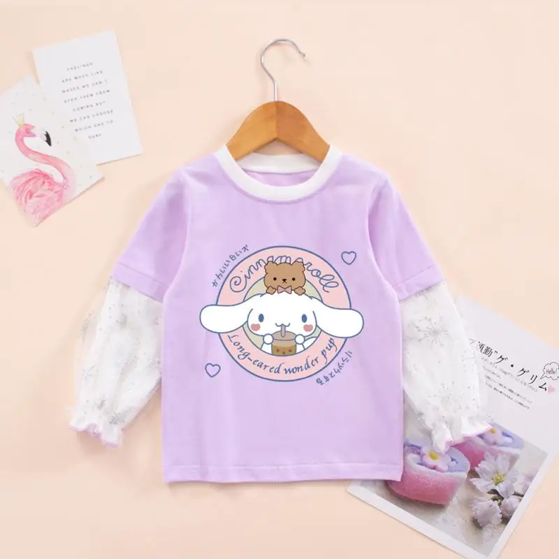 Sanrios Cinnamoroll Girls Jacket Cartoon Anime Kawaii Long Sleeves Loose Casual Kids T-Shirt Spring Autumn Children's Clothing