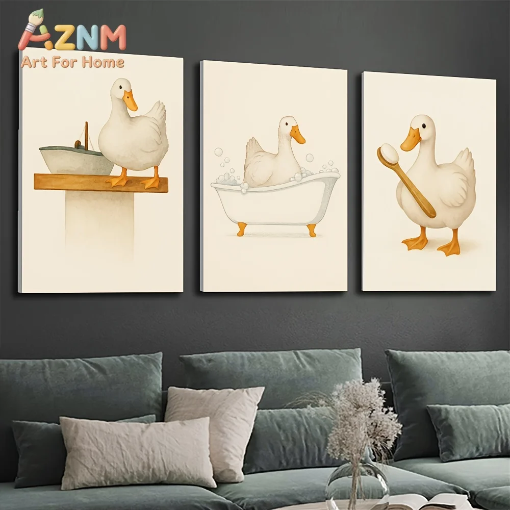 AZNM Cute White Duck Canvas Wall Art Bathtub Bath Theme Cartoon Animal Frameless Canvas Painting Bathroom Kids Room Home Decor P