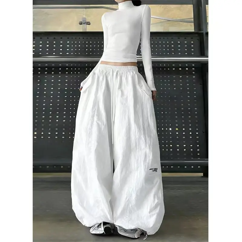 plus Size American Retro Paratrooper Pants White Workwear Casual Jazz Dance Pants High Waist Elastic Waist Nylon Wide Leg Tro...
