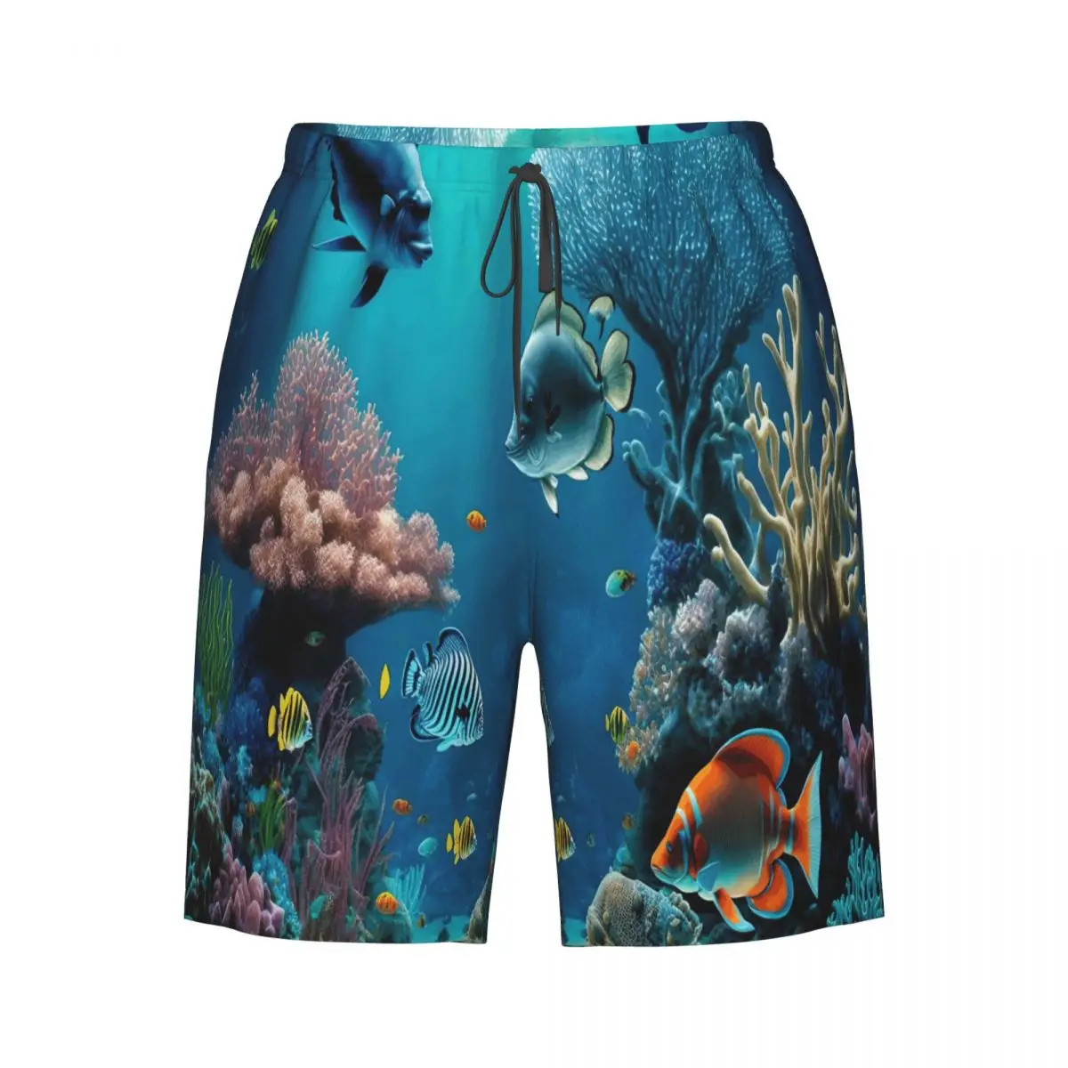 Bañador para hombre, pantalones cortos de playa de secado rápido con estampado de arrecife de coral y peces, con bolsillos, traje de baño