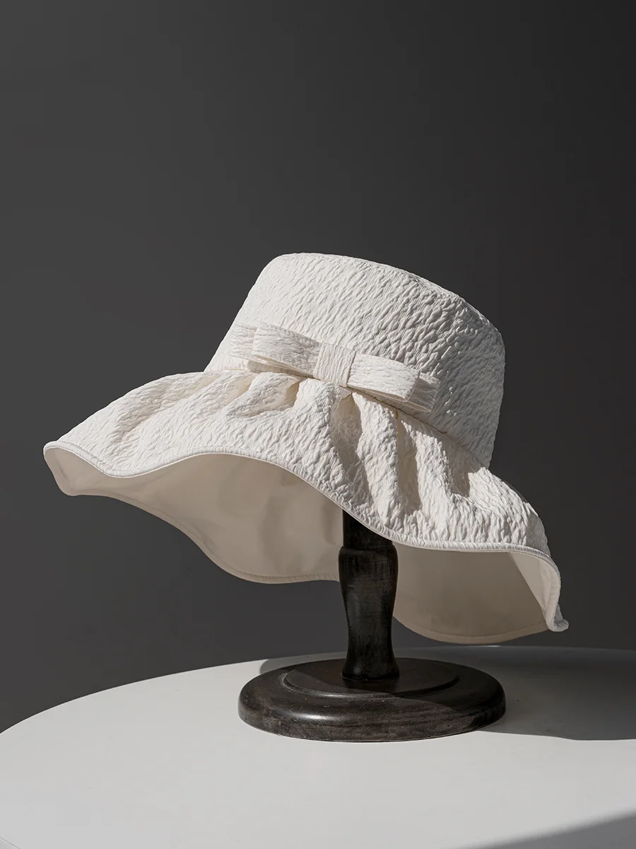 simple-foldable-uv-protection-sun-hat-women's-fierman-hat-with-knot-casual-spring-summer-travel-hat-polyester-fiber
