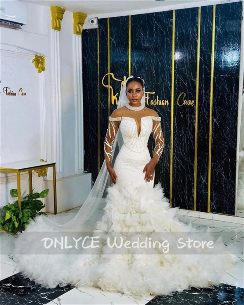 

Luxury African Mermaid Wedding Dress 2024 Cape Off Shoulder Long Tiered Ruffle Bride Gowns Beads Crystals Bridal Gown