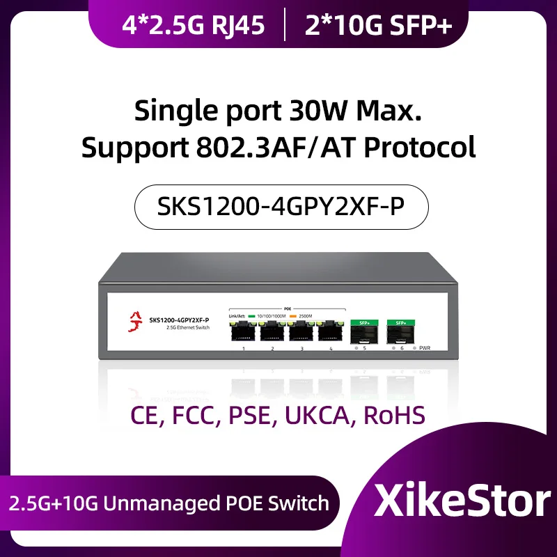 

XikeStor 2*10Gbe SFP+ Uplink 4 Ports RJ45 2.5G POE Unmanaged Network Ethernet