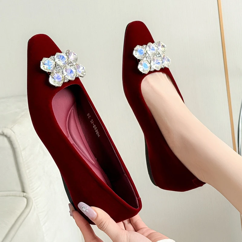 أنيقة كريستال المخملية النساء مضخات جولة تو شقة حجر الراين الزفاف أحذية الزفاف الانزلاق على فستان الحفلات Zapatos De Mujer #2