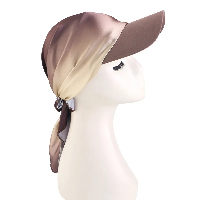 Gradient Satin Turban Hat Visor Brim Women Tie Back Headscarf Hijab Cap Outdoor Sun Protection Head Wrap Hair Loss Headwear New