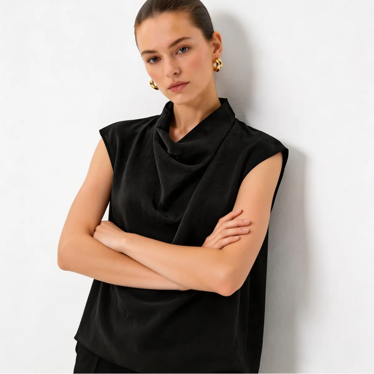 IG Women Sleeveless Draped Cowl Neck Blouse Textured Sheer Chiffon Tank Top Stand Split Collar Elegant Office Camisole Black