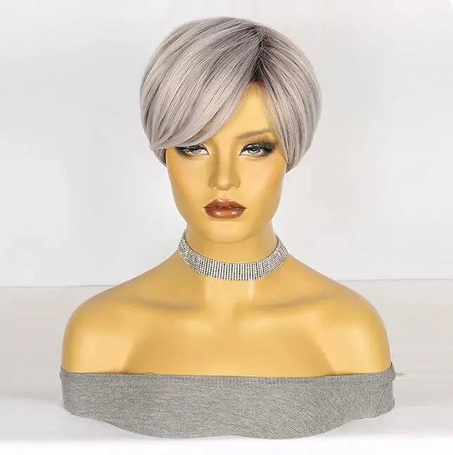 Short Straight Ombre Black Silver Gray Wigs Synthetic  Women Natural for Daily Party Cosplay