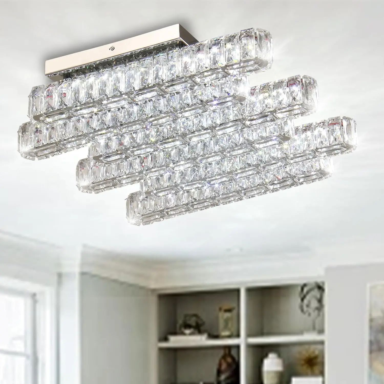 

Modern Crystal Chandeliers 6 Lights LED Flush Mount Ceiling Light 20.4" Large Rectangle Chandelier Ceiling Lighting Fixture for