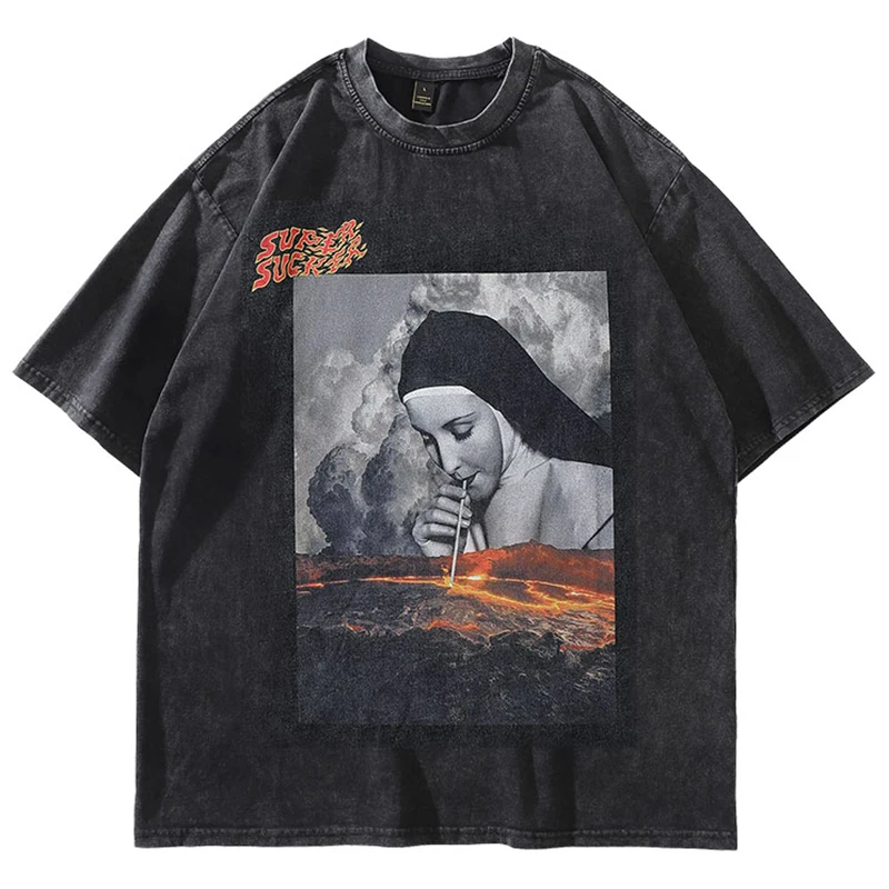 

Summer Men Oversized Washed Tshirts Hip Hop Funny Nun Graphic Printed T-Shirt Streetwear Harajuku Vintage Casual Cotton Top Tees