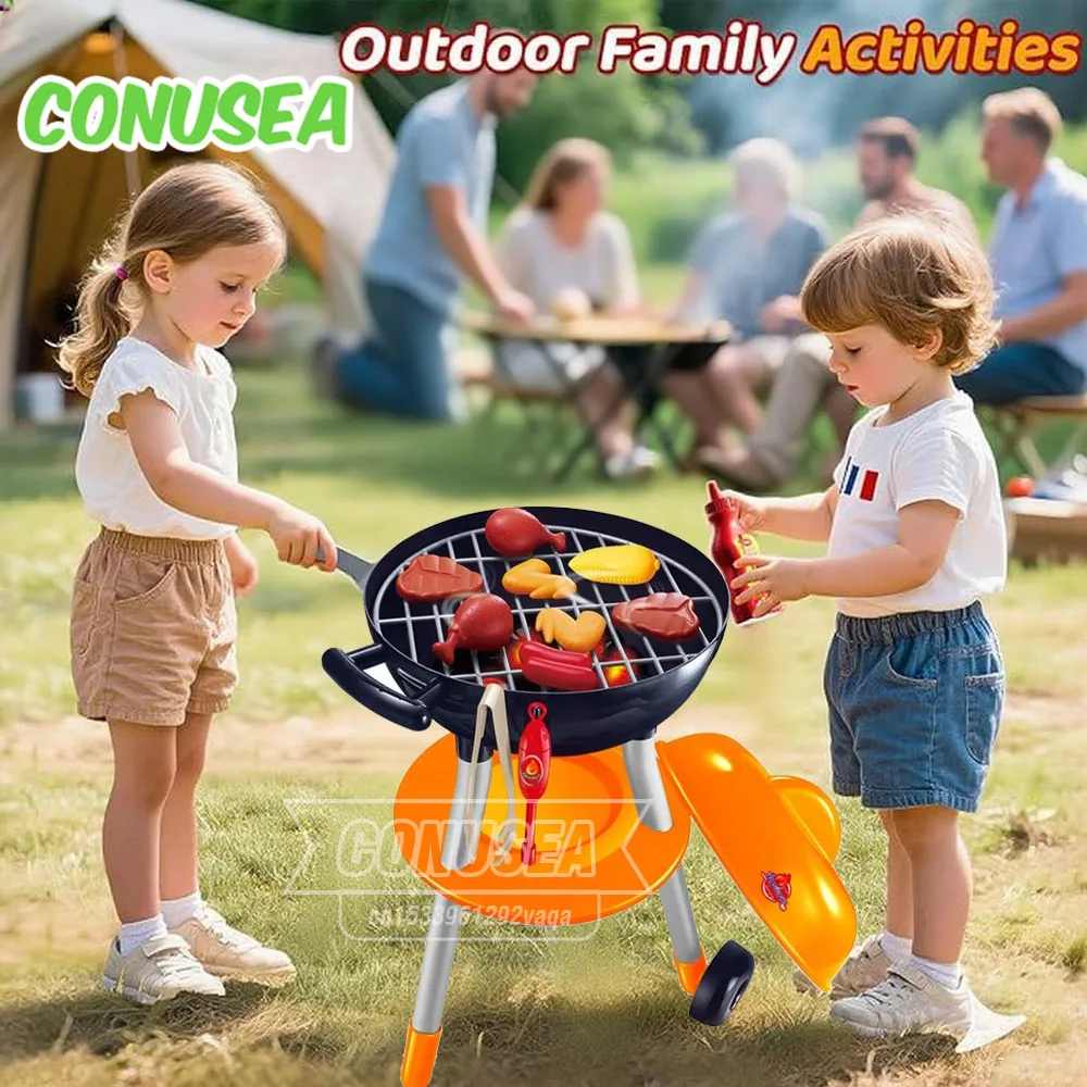 Kids BBQ Play Grill Kitchen Set Role Play Miniature Food Simulation Charcoal Fire Barbecue House Play Outdoor Camping Toys Girl