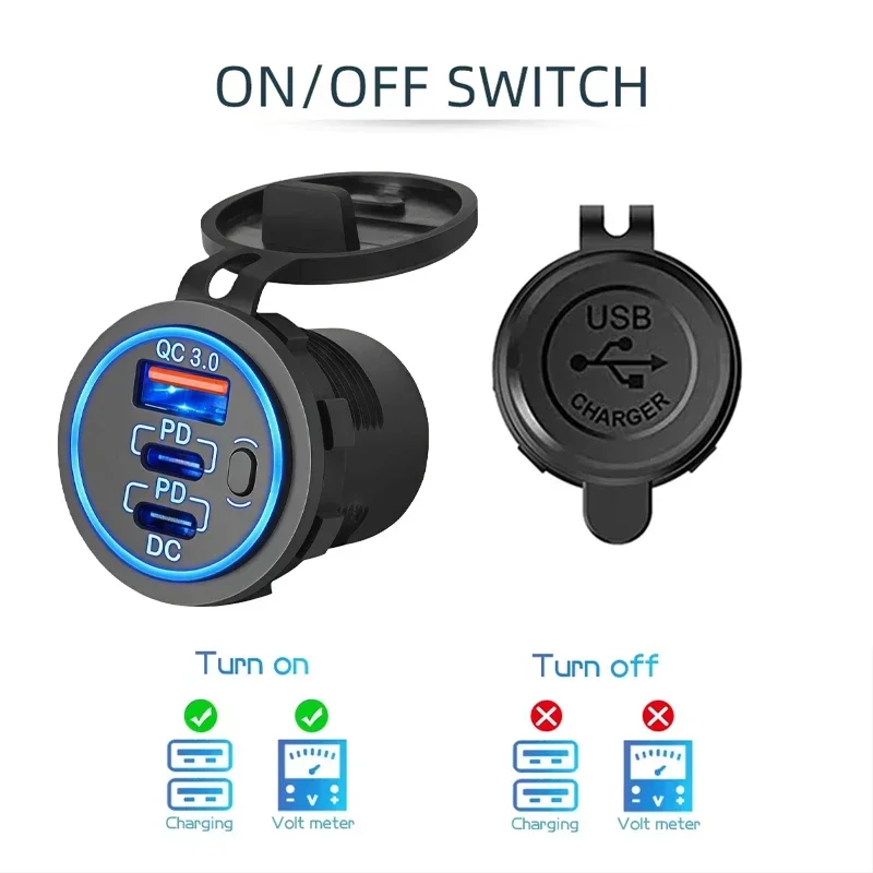 Car Charger Socket PD3.0 & QC3.0 Double USB C Ports Waterproof with LED Touch Switch 78W Fast Charging 12V/24V For Moto Adapter