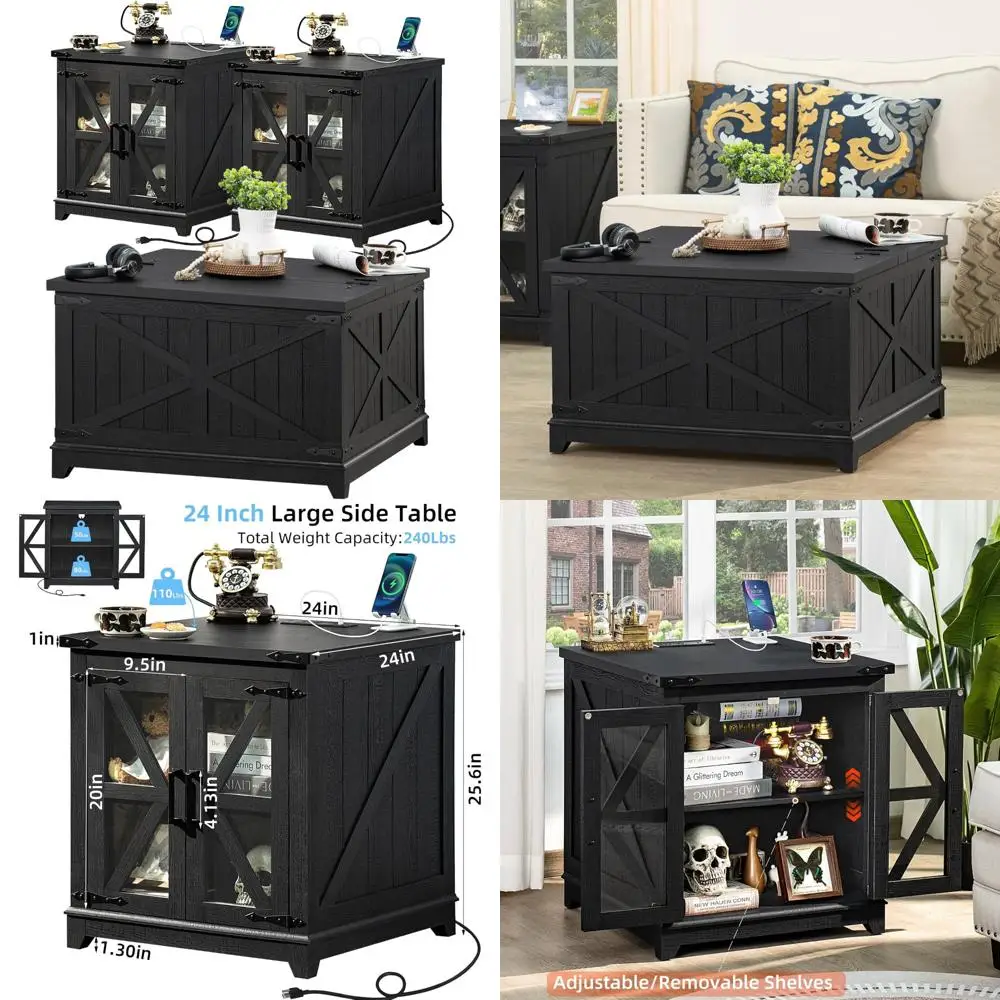 3-Piece Farmhouse Coffee Table Set: Large End and Side Tables with Charging Station and Storage Coffee Table