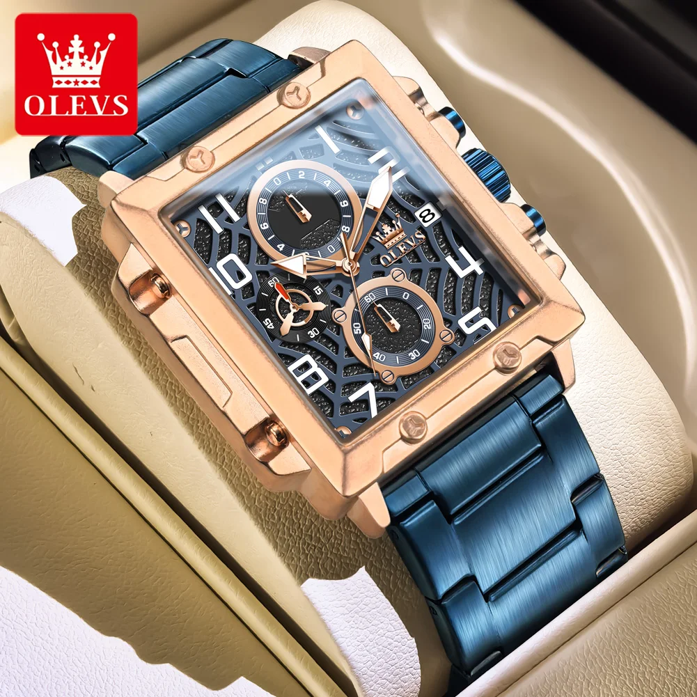 OLEVS Brand Square Multifunctional Quartz Watch for Men Stainless Steel Waterproof Sport Chronograph Mens Watches Reloj Hombre