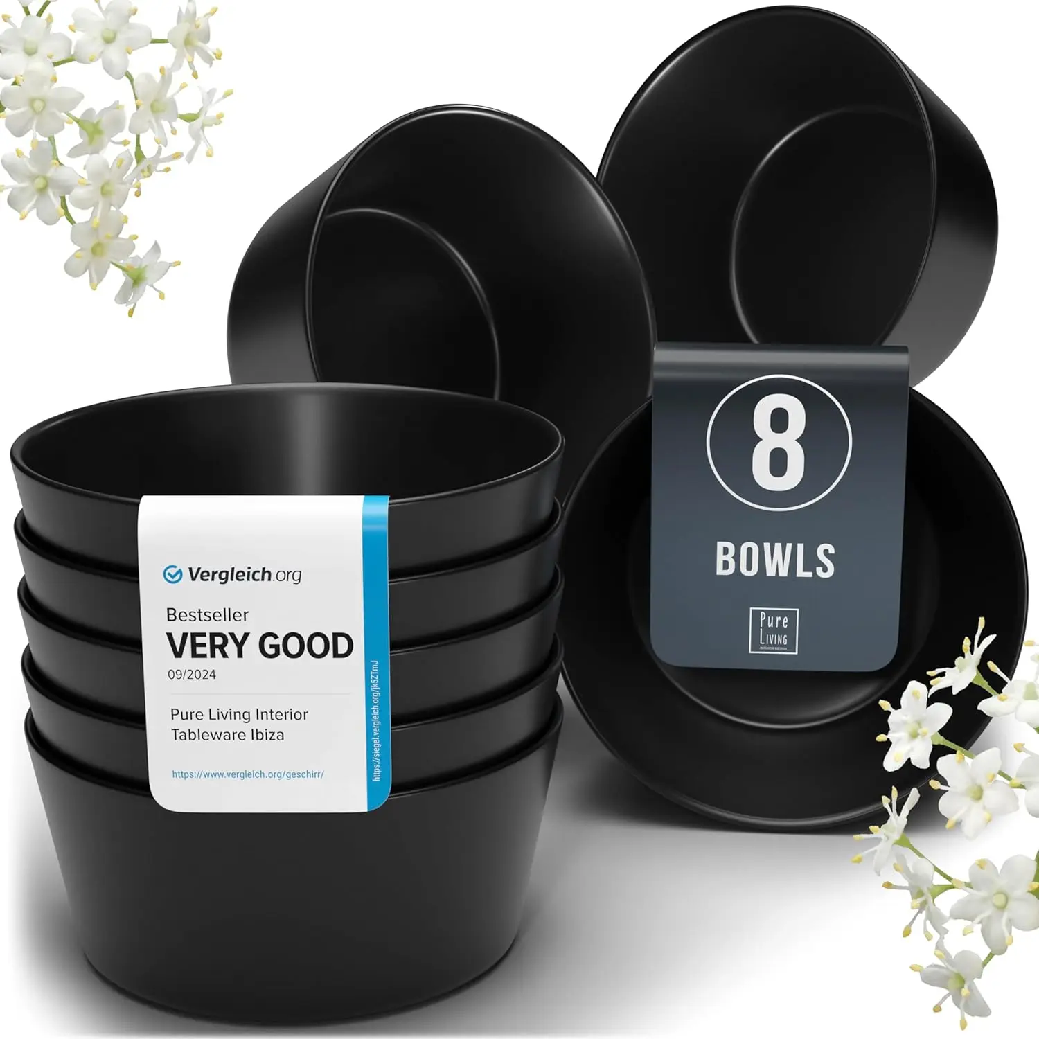 

26.0 Oz Cereal Bowl Set of 8 - Stylish Stoneware, Dishwasher, Microwave & Scratch Resistant - Manhattan matte Black Dish Set - P