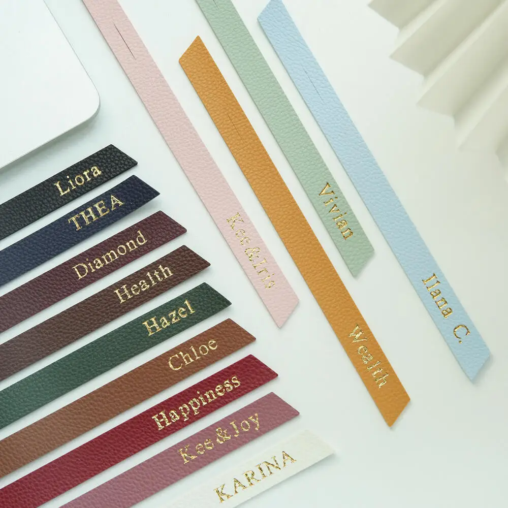 Custom Gold Foil Stamped Name Leather Cable Tie Reusable Cord Organizer Strap for Charger Earphone Wire Personalized Luggage Tag