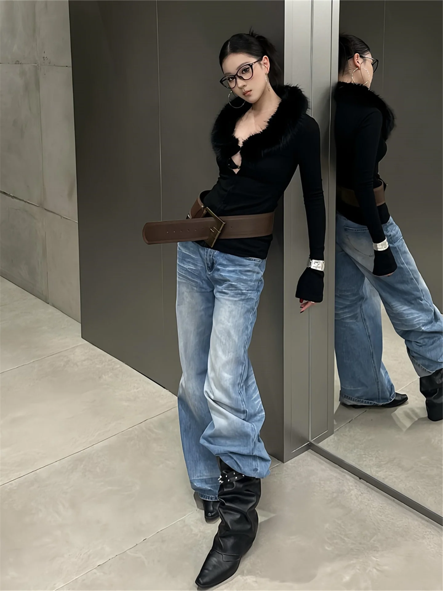 

Retro American Washed Blue Wide Leg Denim Jeans Women's Loose Drapey Faded Casual Floor-Length Straight Pants