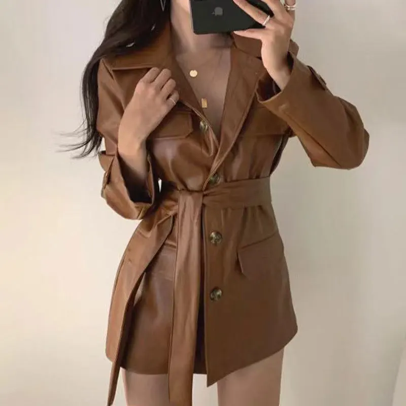 Sli Retro Deep Brown PU Leather Jaet Belted Mid-Length Biker Coat Women's Faionable Outerwear Commute Loose Fit Long ...
