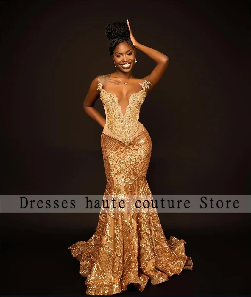 Aso Ebi-Robe de soirée en dentelle à paillettes brillantes avec biscuits, robe de sirène dorée, mariage africain, quelle que soit la coutume, 2025