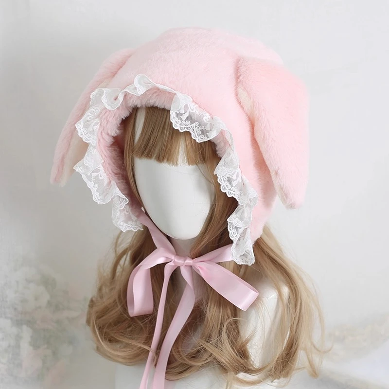 Japanse Zoete en Leuke Hangende Oor Konijn Lei Feng Hoed Kant Lolita Gehoorbescherming Hoed Veelzijdige Pluche Winter Warme Muts