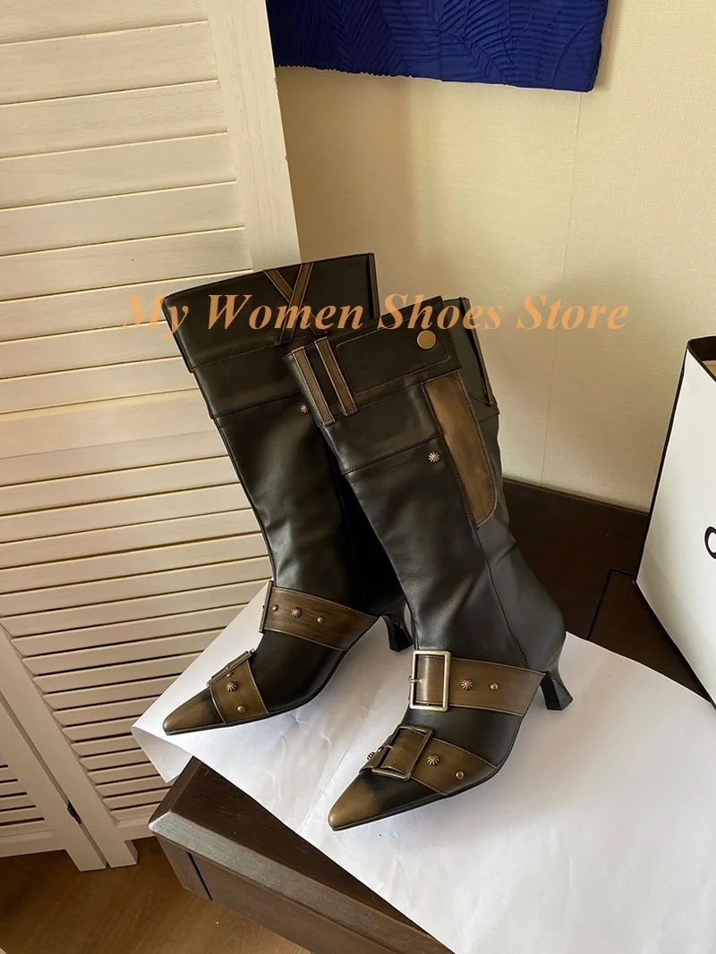 

2026 Cow Leather Buckle Strap Boots Knee High Kitten Thin High Heel Sexy Pointy Toe Slip On Runway Women Dress Shoes