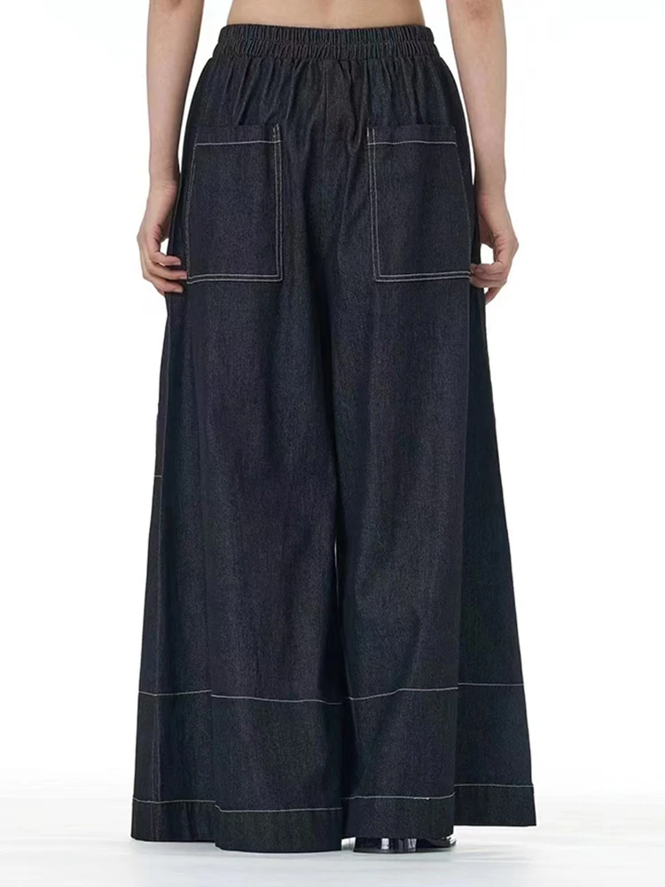 [EAM] High Waist Black Topstitched Pockets Denim Long Wide Leg Jeans New Women Trousers Fashion Tide Spring Autumn 2024 1DH8219