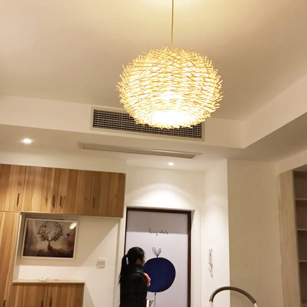 Bird's Nest Chandelier Rattan Weaving 30Cm Vintage Style E27 Hanging Ceiling Lamp Bar Restaurant Bedroom Studio