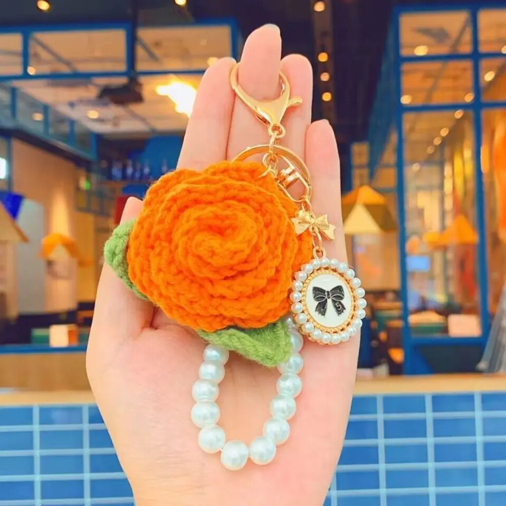 Handmade Rose Camellia Keychain Unique Creative Pearl Flower Keyring Backpack Decor Crochet Camellia Pendant Keychain Gifts