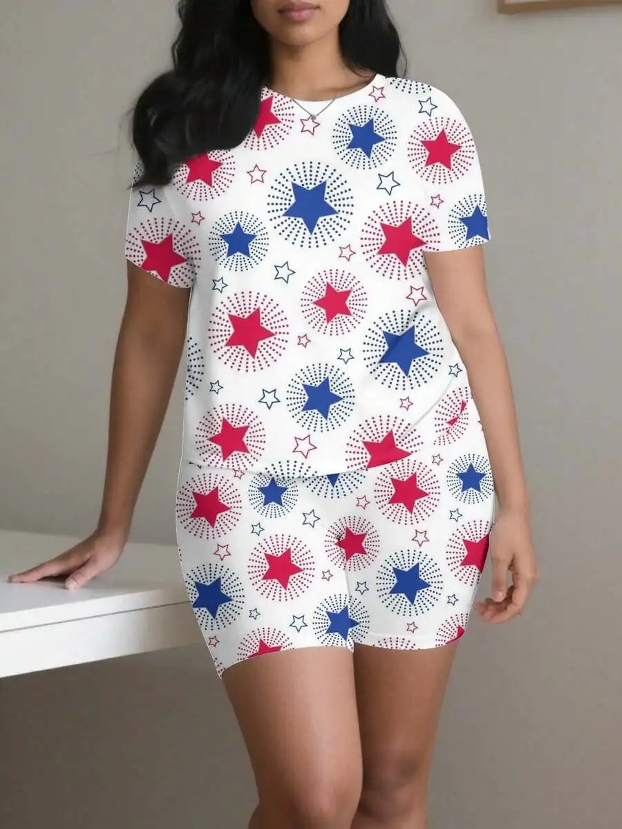 

Casual Women Short Sleeve T-Shirt Dress Red Blue Star Pattern Patriotic Festival Outfit