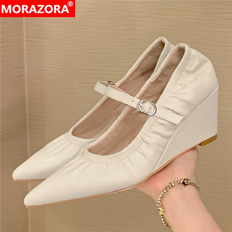 

MORAZORA 2024 New Genuine Leather Shoes Woman Mary Janes Wedges Shoes Solid Color Pointed Toe High Heels Party Dress Shoes