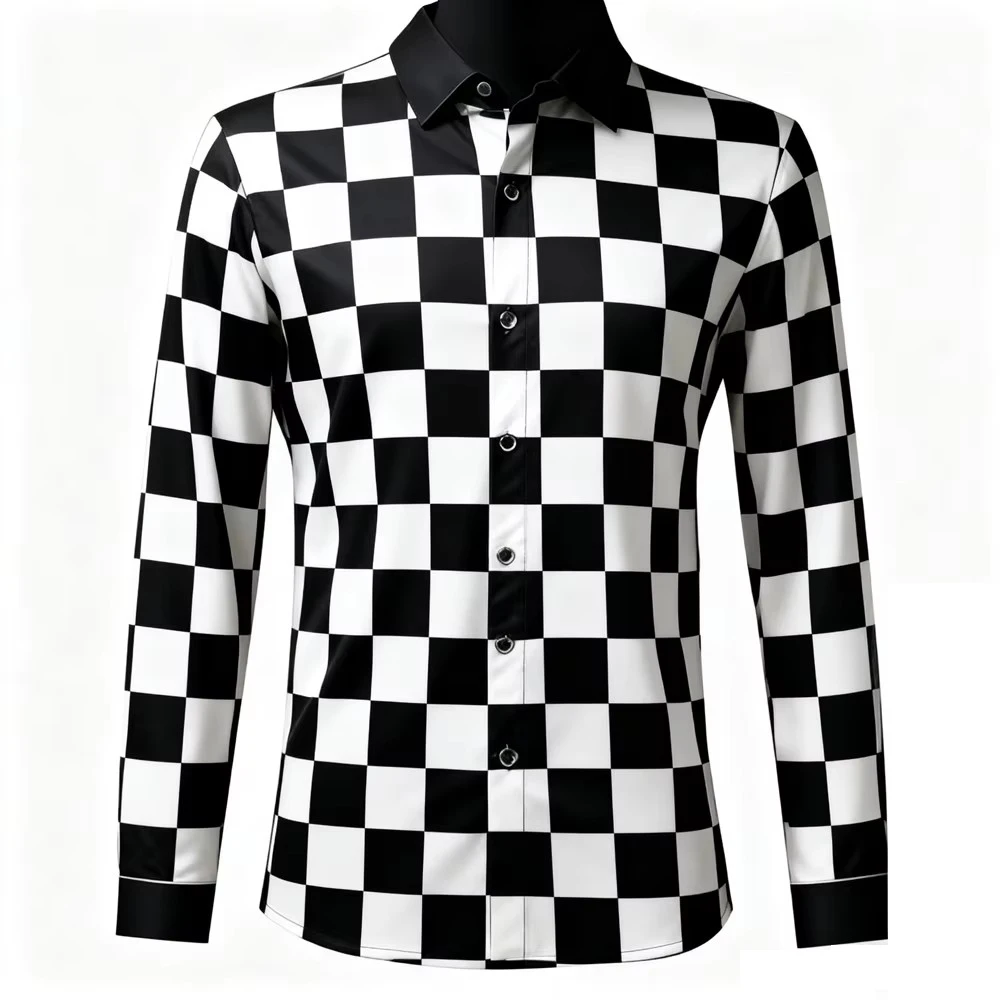 Men's New Bright Color Plaid Checkered Shirt Black and White Classic Printed Long-sleeved Shirt for Men Soft and Comfortable Top