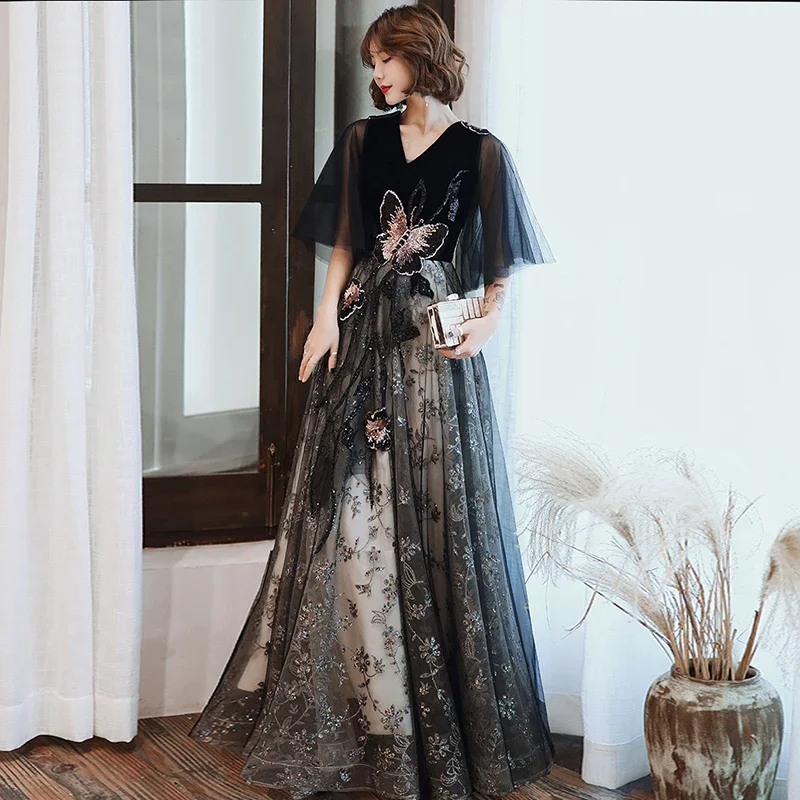 Black Evening Dress V-neck Velour Sequins Bling Tulle Half Sleeves A-line Floor-length Plus size Women Formal Party Dress A101