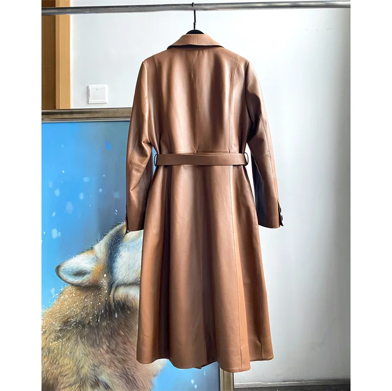 2023 Women New Simple and Slim Genuine Sheepskin Leather Windbreaker Real Sheep Leather Trench E17