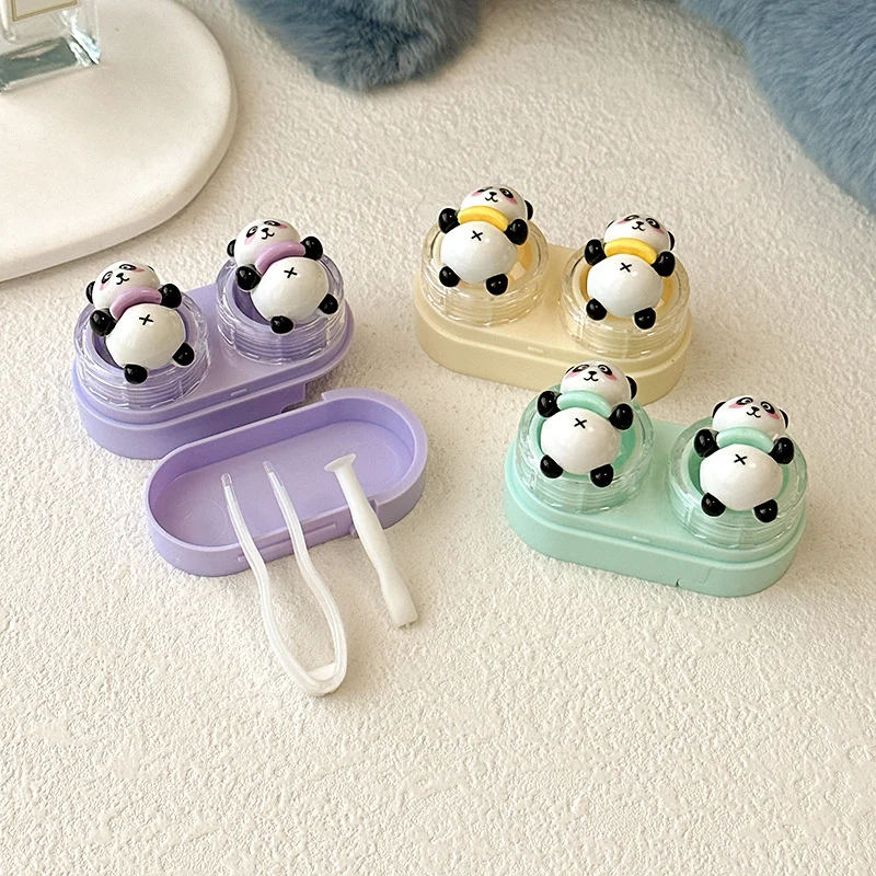 Panda Plastic Contact Lens Cases Simple Oval Portable Eye Contacts Lenses Holder Box Case With Tweezers Remover Tools