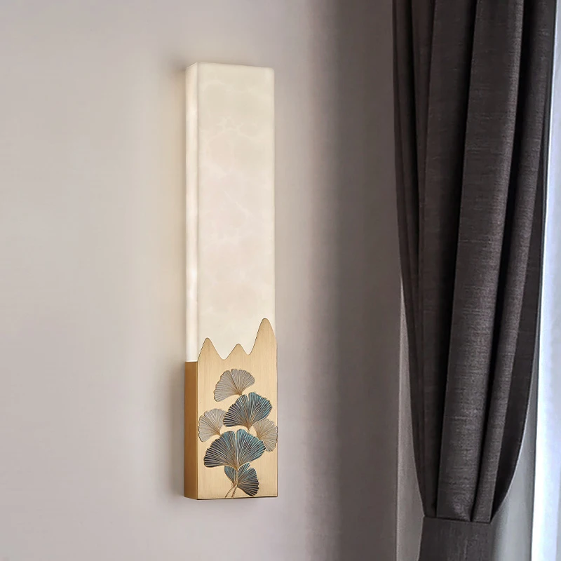 New Chinese style all-copper marble wall lamp Chinese style Zen living room background wall lamp Bedroom bedside enamel lamp