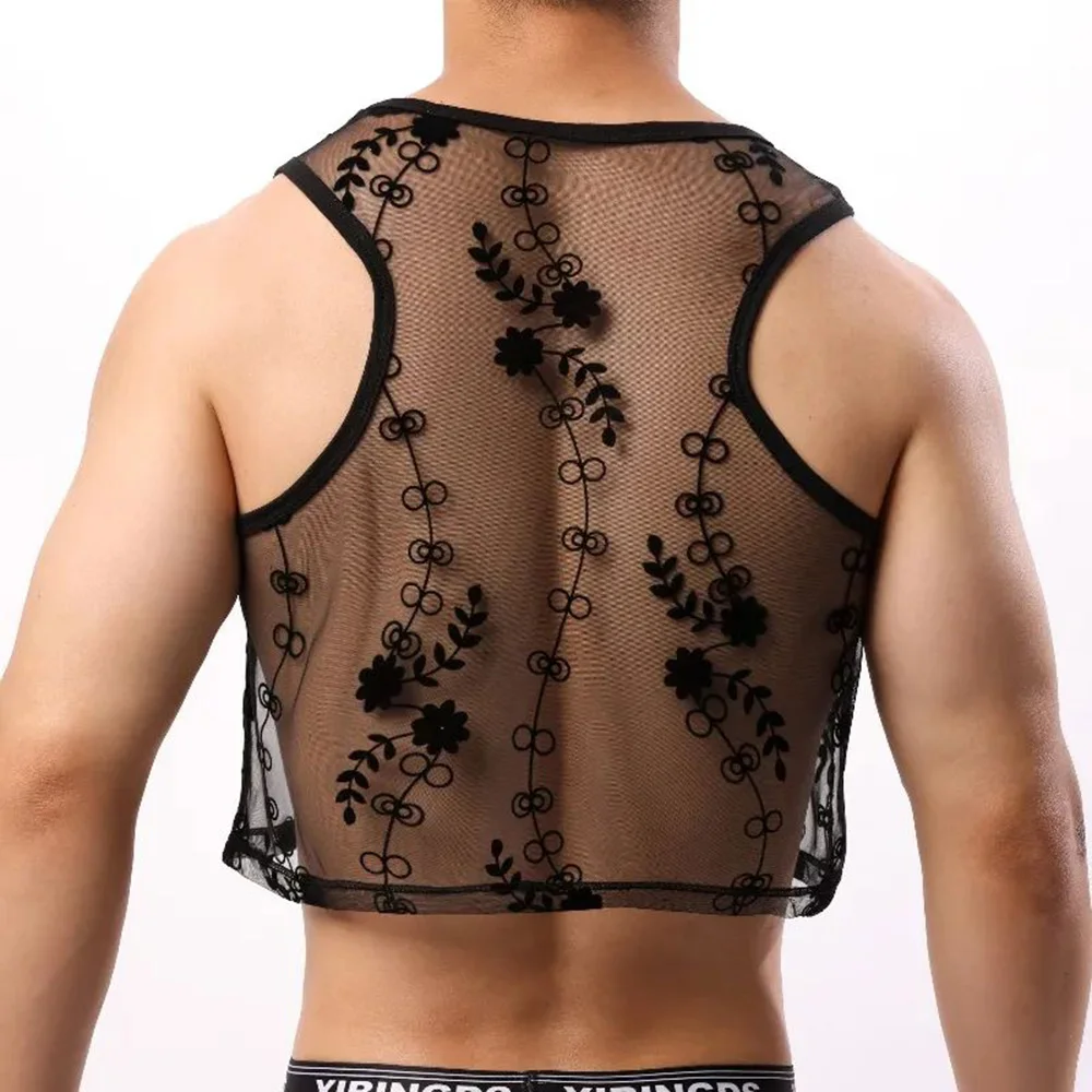 Mens Short Vest Transparent Sexy Flower Pattern Vest See-Through Sexy Clothing Breathable Mesh Sleeveless Vest Lgbt Gay Boys