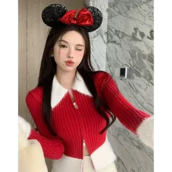 Fur Collar Cardigan Sweater Women Faux Fur Y2k Crop Tops Elegant Fashion Zipper Knitted Coat Korean Popular Style Red Pink Black