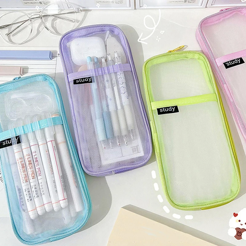 Large Capacity Kawaii Pencil Cases Gauze Stationery Storage Bag Clear Mesh Bags Pens Big Holder Box for School Teens Girls Boy