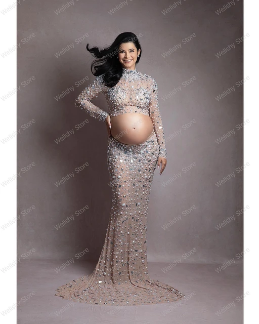 Two Pieces Beaded Maternity Photography Dresses Sparkly Silver Rhinestone Elastic Spandex Dress Sexy Goddess Pregnant Women Gown AliExpress
