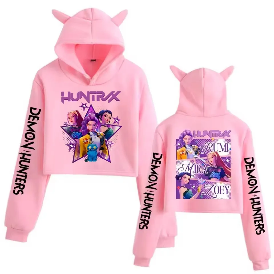 KPop Demon Hunters-sudaderas con capucha cortas con estampado de orejas de gato para mujer, Sudadera con capucha a la moda para chicas adolescentes Y2K, ropa de calle, jerséis informales con capucha