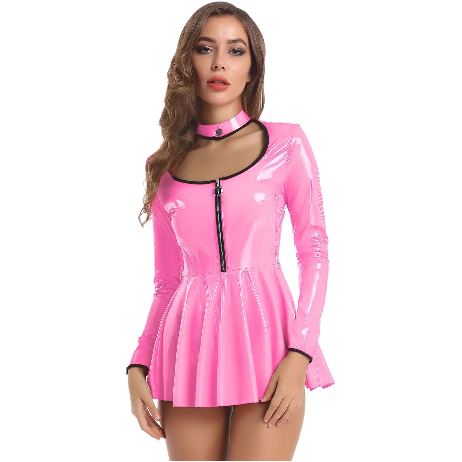 Women Glossy Wet Look Patent Leather Dress Sexy Long Sleeve Cut Out Bodysuit Dress Rave Dance Party Nightclub Club Costume